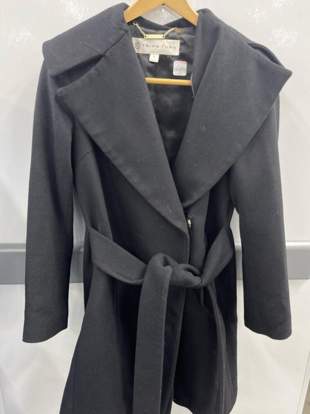 Trina Turk Black Wool Blend Belted Wrap Coat - Size 2